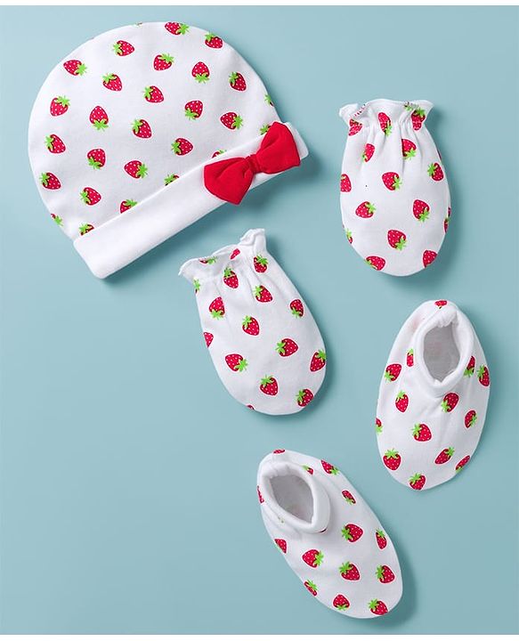 Babyhug 100% Cotton Knit Cap Mittens & Booties with Strawberry Print Multicolor - Diameter 8 cm