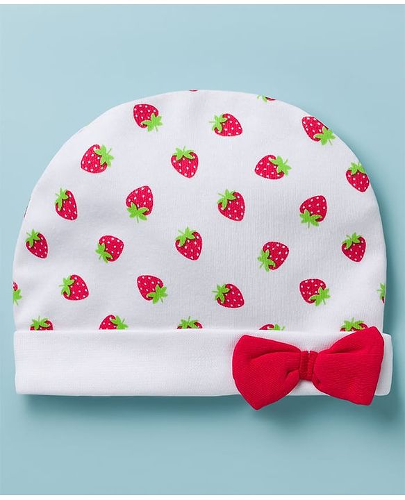 Babyhug 100% Cotton Knit Cap Mittens & Booties with Strawberry Print Multicolor - Diameter 8 cm