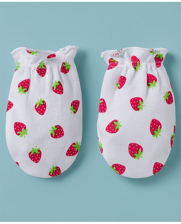 Babyhug 100% Cotton Knit Cap Mittens & Booties with Strawberry Print Multicolor - Diameter 8 cm