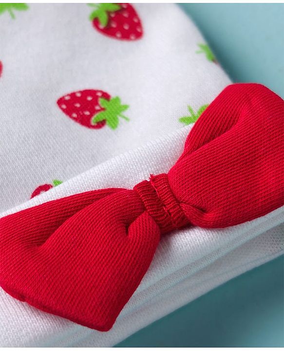 Babyhug 100% Cotton Knit Cap Mittens & Booties with Strawberry Print Multicolor - Diameter 8 cm