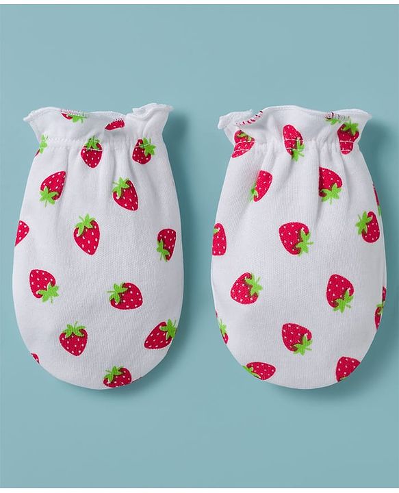 Babyhug 100% Cotton Knit Cap Mittens & Booties with Strawberry Print Multicolor - Diameter 8 cm