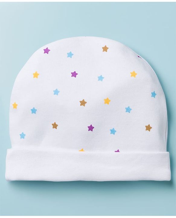 Babyhug 100% Cotton Knit Cap Mittens & Booties with Star Print Multicolor - Diameter 8 cm