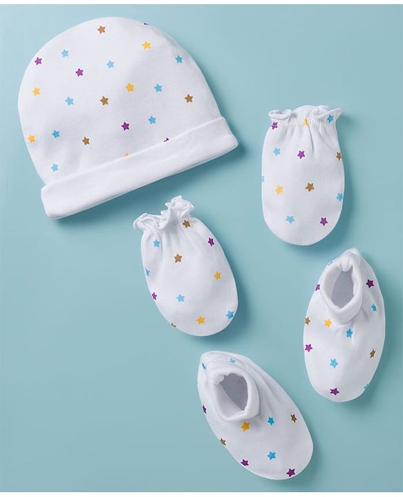 Babyhug 100% Cotton Knit Cap Mittens & Booties with Star Print Multicolor - Diameter 8 cm