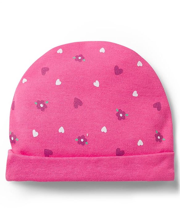 Babyhug 100% Cotton Knit Cap Mittens & Booties with Heart Print Multicolor - Diameter 8 cm
