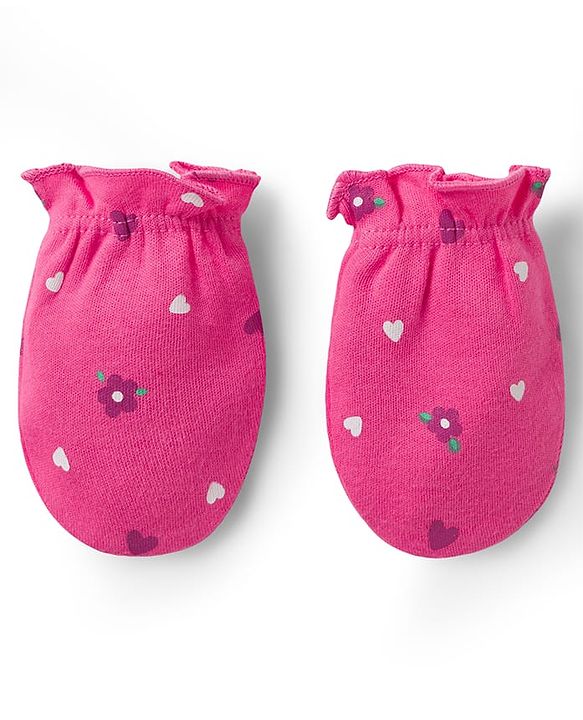 Babyhug 100% Cotton Knit Cap Mittens & Booties with Heart Print Multicolor - Diameter 8 cm