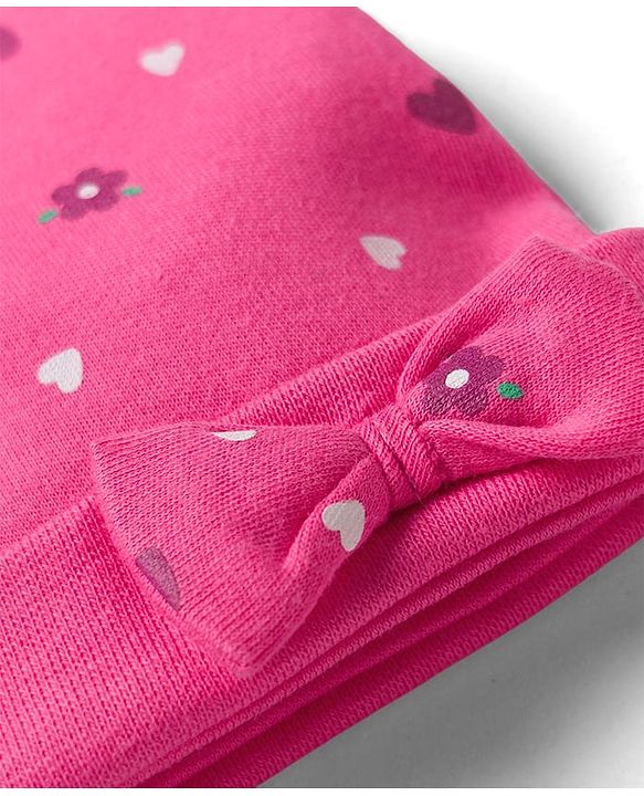 Babyhug 100% Cotton Knit Cap Mittens & Booties with Heart Print Multicolor - Diameter 8 cm