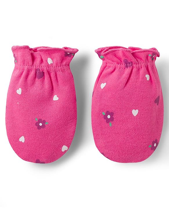 Babyhug 100% Cotton Knit Cap Mittens & Booties with Heart Print Multicolor - Diameter 8 cm