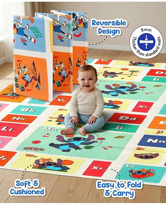 Babyhug Disney Reversible Learning & Play Floor Mat - Mickey & Stitch Theme| 180x150 cm| Dense 8mm Thickness|Waterproof Foam|Crawling & Baby Massage Mat| Foldable & Portable| BIS Certified| 04 Years