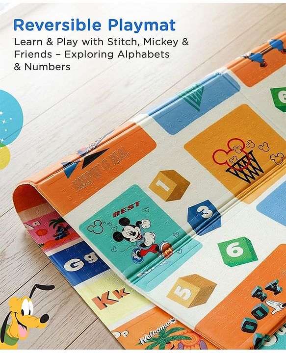 Babyhug Disney Reversible Learning & Play Floor Mat - Mickey & Stitch Theme| 180x150 cm| Dense 8mm Thickness|Waterproof Foam|Crawling & Baby Massage Mat| Foldable & Portable| BIS Certified| 04 Years