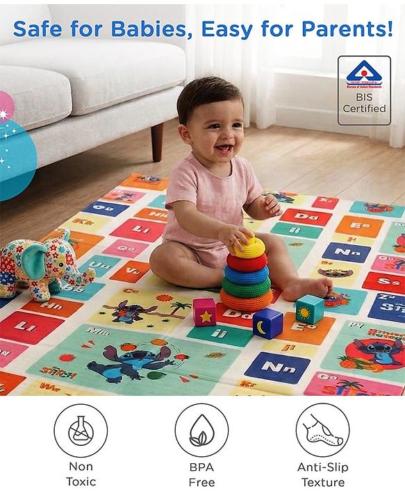 Babyhug Disney Reversible Learning & Play Floor Mat - Mickey & Stitch Theme| 180x150 cm| Dense 8mm Thickness|Waterproof Foam|Crawling & Baby Massage Mat| Foldable & Portable| BIS Certified| 04 Years