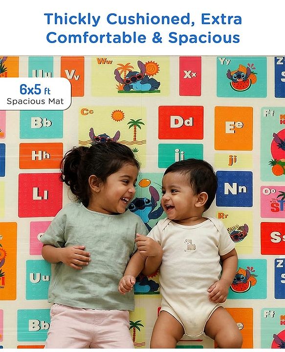 Babyhug Disney Reversible Learning & Play Floor Mat - Mickey & Stitch Theme| 180x150 cm| Dense 8mm Thickness|Waterproof Foam|Crawling & Baby Massage Mat| Foldable & Portable| BIS Certified| 04 Years