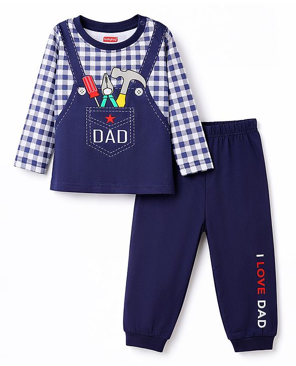 Babyhug Cotton Knit Full Sleeves T-Shirt & Pyjama Night-Suit With Dad Print - Navy Blue