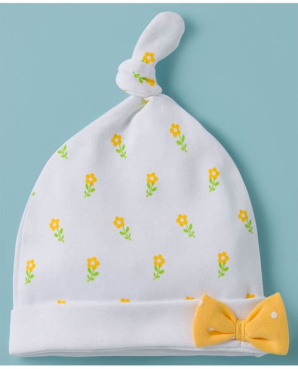 Babyhug 100% Cotton Interlock Knit Polka Dots & Floral Printed Caps With Bow Applique Pack Of 2 Multicolor - Diameter 16.5 cm
