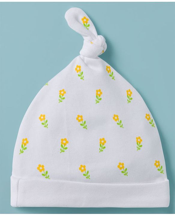 Babyhug 100% Cotton Interlock Knit Polka Dots & Floral Printed Caps With Bow Applique Pack Of 2 Multicolor - Diameter 16.5 cm