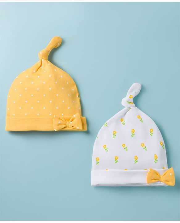 Babyhug 100% Cotton Interlock Knit Polka Dots & Floral Printed Caps With Bow Applique Pack Of 2 Multicolor - Diameter 16.5 cm
