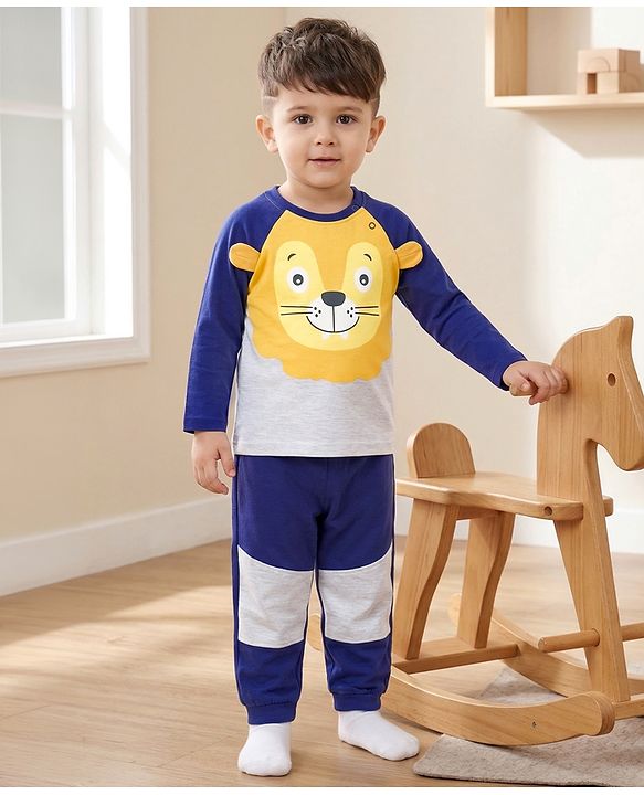 Babyhug Cotton Knit Full Raglan Sleeves T-Shirt & Pyjama Night-Suit With Lion Print - Navy Blue