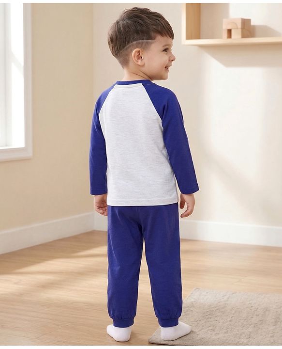 Babyhug Cotton Knit Full Raglan Sleeves T-Shirt & Pyjama Night-Suit With Lion Print - Navy Blue