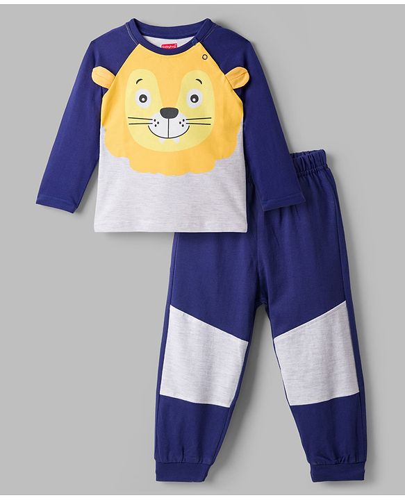 Babyhug Cotton Knit Full Raglan Sleeves T-Shirt & Pyjama Night-Suit With Lion Print - Navy Blue