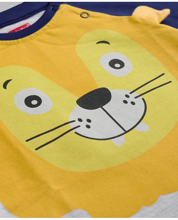 Babyhug Cotton Knit Full Raglan Sleeves T-Shirt & Pyjama Night-Suit With Lion Print - Navy Blue