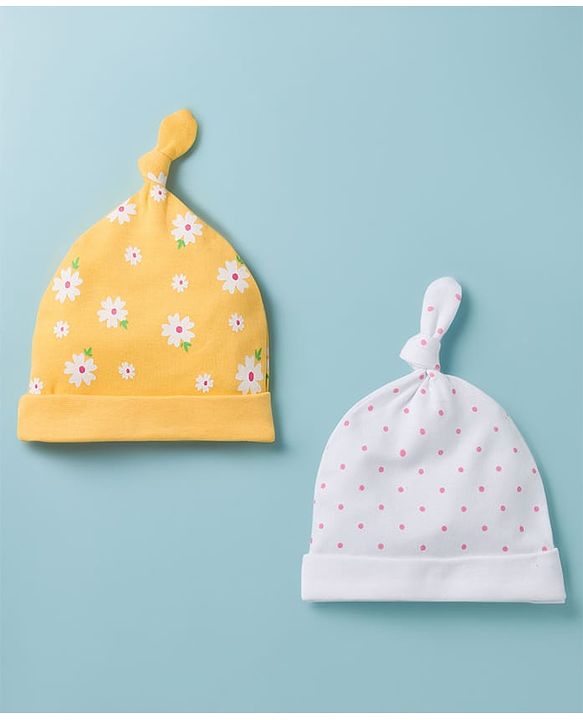 Babyhug 100% Cotton Knit Caps with Floral & Polka Dot Print Pack of 2 Multicolor - Diameter 8 cm