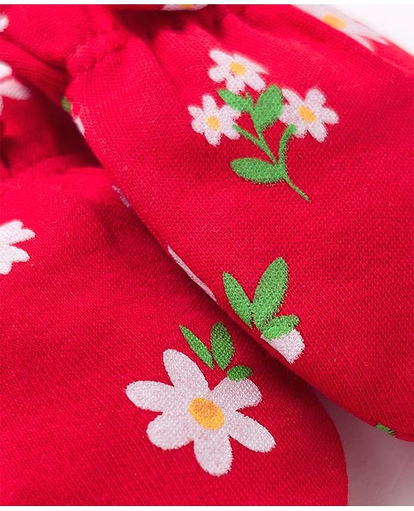 Babyhug 100% Cotton Knit Mittens & Booties with Floral Print - Multicolor
