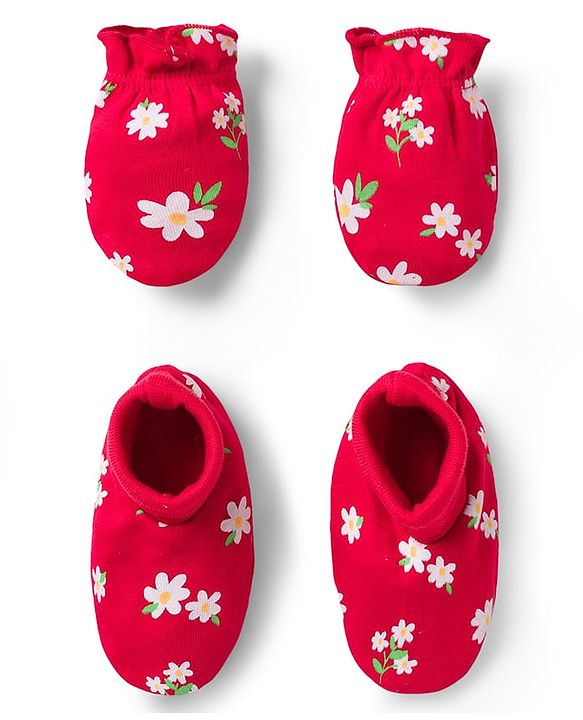 Babyhug 100% Cotton Knit Mittens & Booties with Floral Print - Multicolor