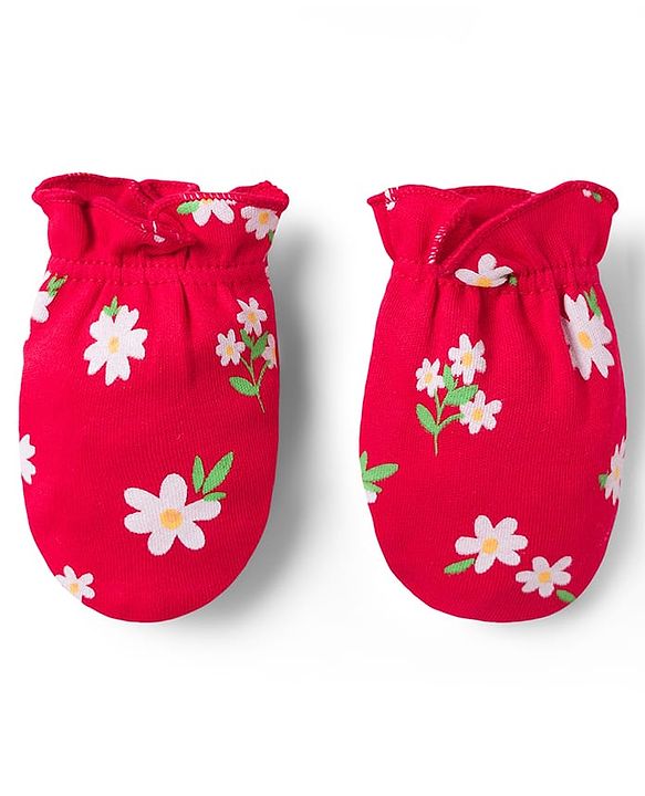 Babyhug 100% Cotton Knit Mittens & Booties with Floral Print - Multicolor