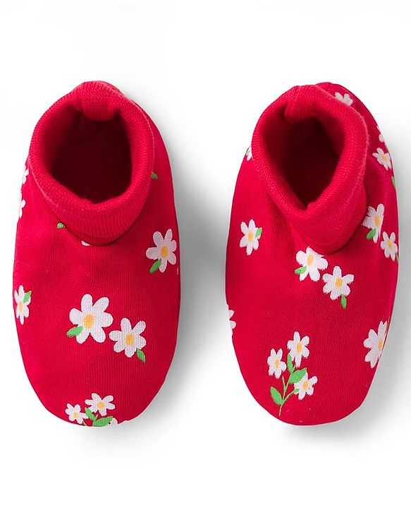 Babyhug 100% Cotton Knit Mittens & Booties with Floral Print - Multicolor