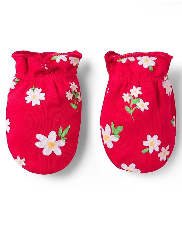 Babyhug 100% Cotton Knit Mittens & Booties with Floral Print - Multicolor