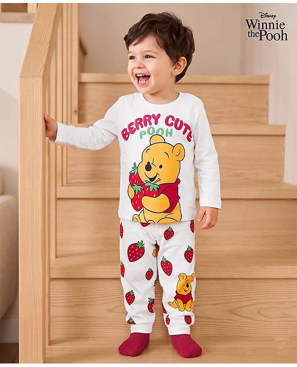 Babyhug Disney Single Jersey Knit Full Sleeves T-Shirt & Pyjama Night Suit With Winnie The Pooh Graphics - White
