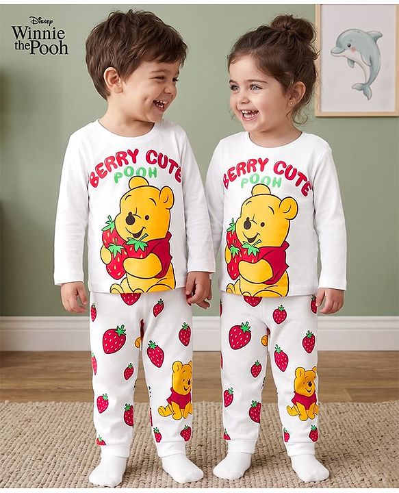 Babyhug Disney Single Jersey Knit Full Sleeves T-Shirt & Pyjama Night Suit With Winnie The Pooh Graphics - White