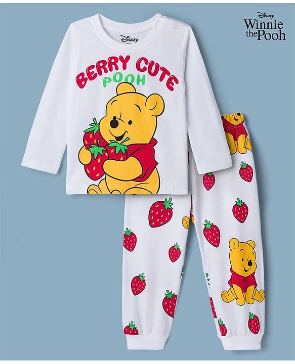 Babyhug Disney Single Jersey Knit Full Sleeves T-Shirt & Pyjama Night Suit With Winnie The Pooh Graphics - White
