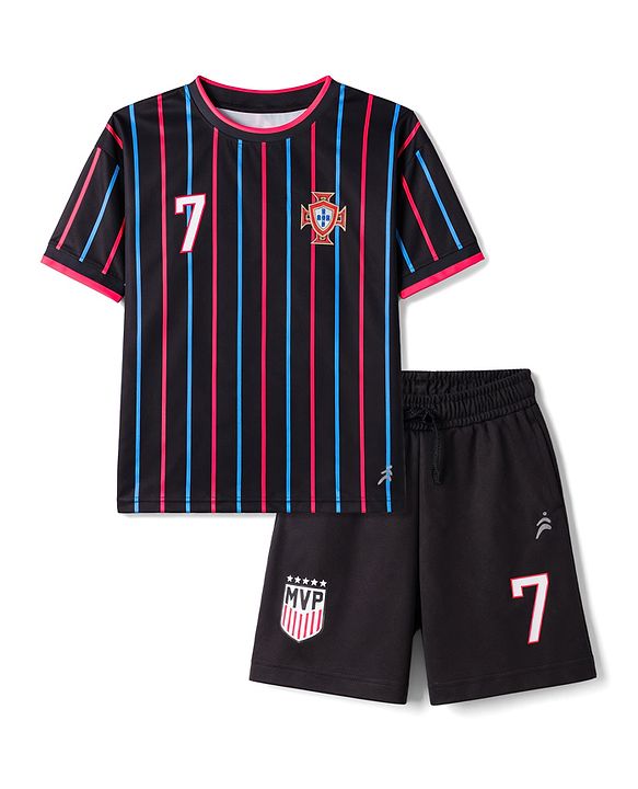 Pine Active Knit Half Sleeves Striped T-Shirt & Shorts Set - Black