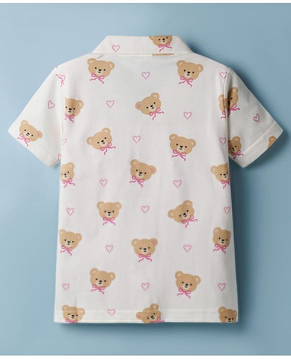 Babyhug Cotton Knit Half Sleeves Shirt & Pyjama Co-ord Night Suit with Teddy Print - Off White