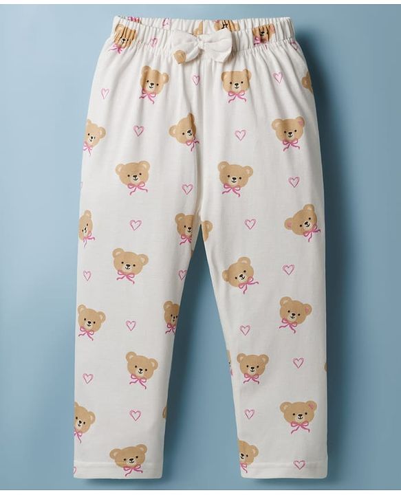 Babyhug Cotton Knit Half Sleeves Shirt & Pyjama Co-ord Night Suit with Teddy Print - Off White