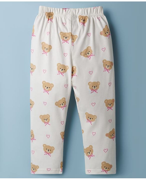 Babyhug Cotton Knit Half Sleeves Shirt & Pyjama Co-ord Night Suit with Teddy Print - Off White