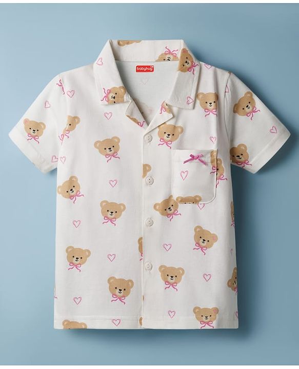 Babyhug Cotton Knit Half Sleeves Shirt & Pyjama Co-ord Night Suit with Teddy Print - Off White