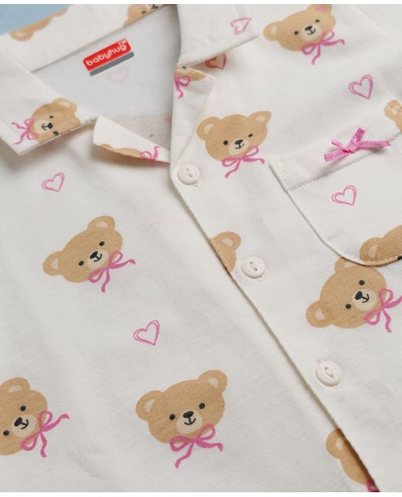 Babyhug Cotton Knit Half Sleeves Shirt & Pyjama Co-ord Night Suit with Teddy Print - Off White