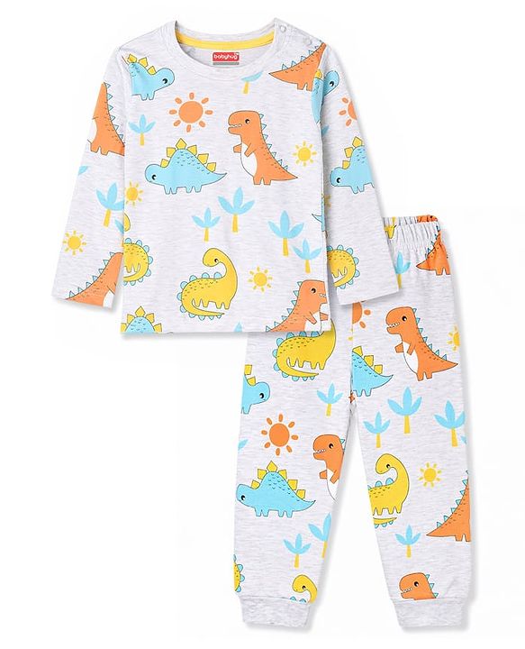 Babyhug Cotton Knit Full Sleeves Co-Ord T-Shirt & Pyjama Night Suit With Dino Print - Multicolor