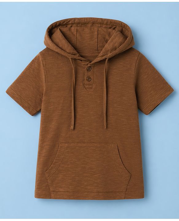 Pine Kids Cotton Knit Hooded T-Shirt with Henley Neck Brown 5-6 Years