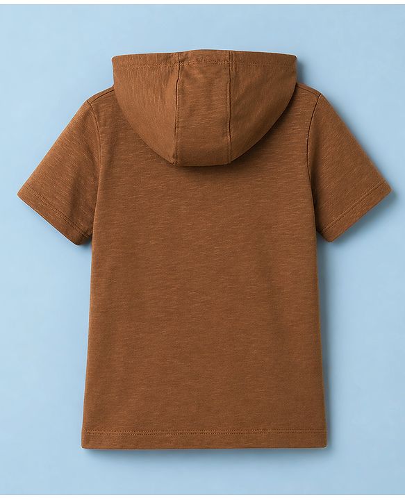 Pine Kids Cotton Knit Hooded T-Shirt with Henley Neck Brown 5-6 Years