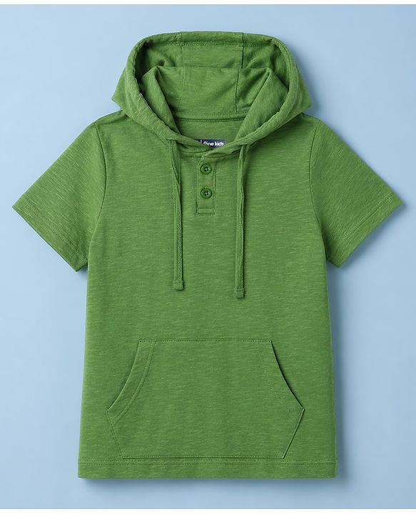 Pine Kids Cotton Knit T-Shirt Hooded Half Sleeves Olive Green 4-5 Years