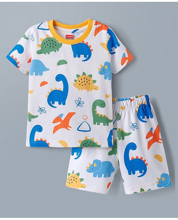 Babyhug Cotton Knit Half  Sleeves T-Shirt & Shorts Co-ord Night Suit With Dino Print - White