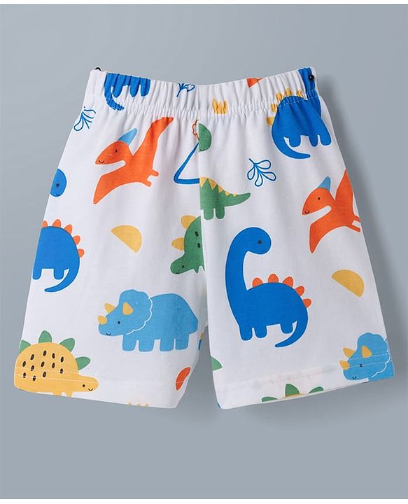 Babyhug Cotton Knit Half  Sleeves T-Shirt & Shorts Co-ord Night Suit With Dino Print - White