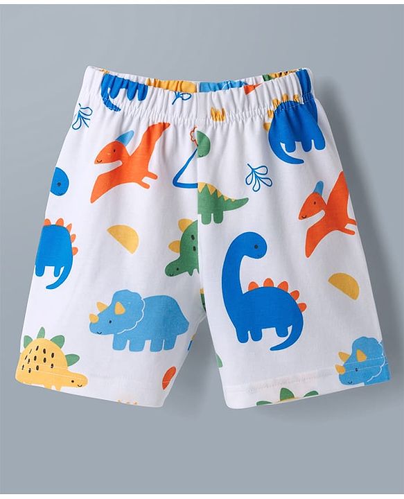 Babyhug Cotton Knit Half  Sleeves T-Shirt & Shorts Co-ord Night Suit With Dino Print - White