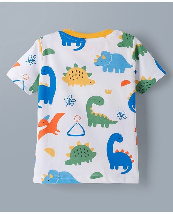 Babyhug Cotton Knit Half  Sleeves T-Shirt & Shorts Co-ord Night Suit With Dino Print - White