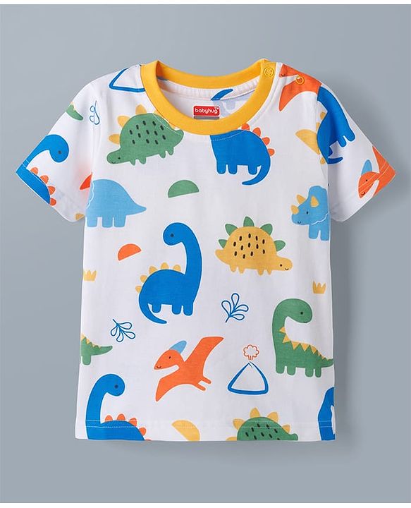 Babyhug Cotton Knit Half  Sleeves T-Shirt & Shorts Co-ord Night Suit With Dino Print - White