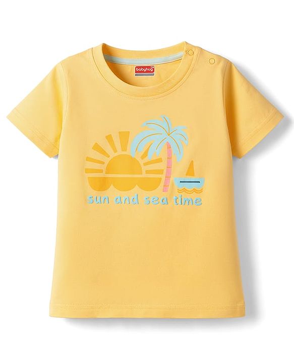 Babyhug Cotton Knit Half  Sleeves T-Shirt & Shorts Night Suit with Sun & Sea Print - Yellow
