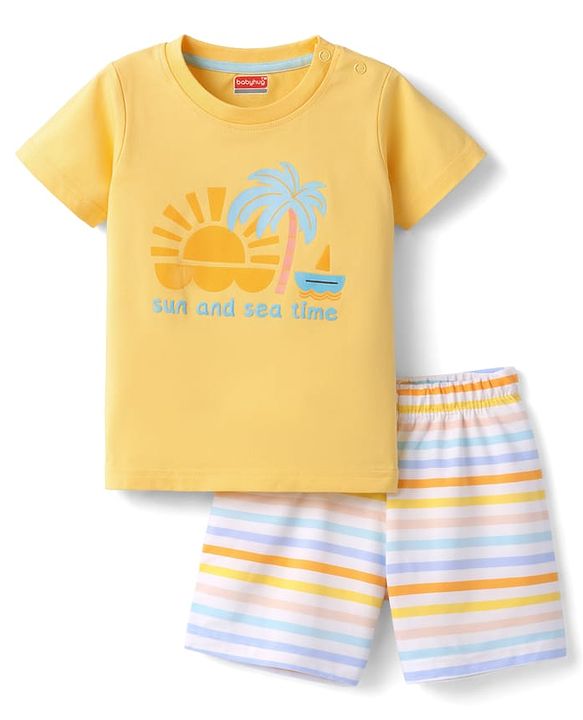 Babyhug Cotton Knit Half  Sleeves T-Shirt & Shorts Night Suit with Sun & Sea Print - Yellow