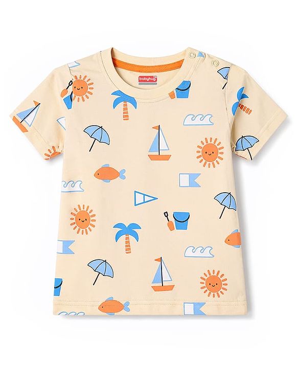 Babyhug Cotton Knit Half  Sleeves Co-Ord T-Shirt & Shorts Night Suit With Tropical Theme Print - Blue & Cream